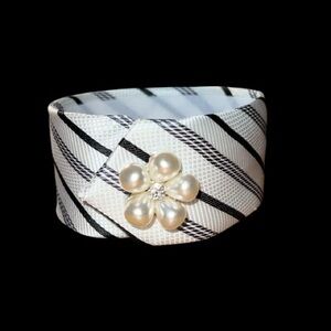 Elegant White and Black Striped necktie Bracelet with Pearl Flower